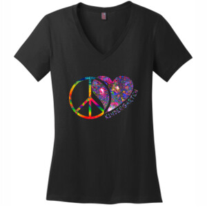 Peace Love Kindergarten - Full Color - District Made® - Ladies Perfect Weight® V-Neck Tee - DTG